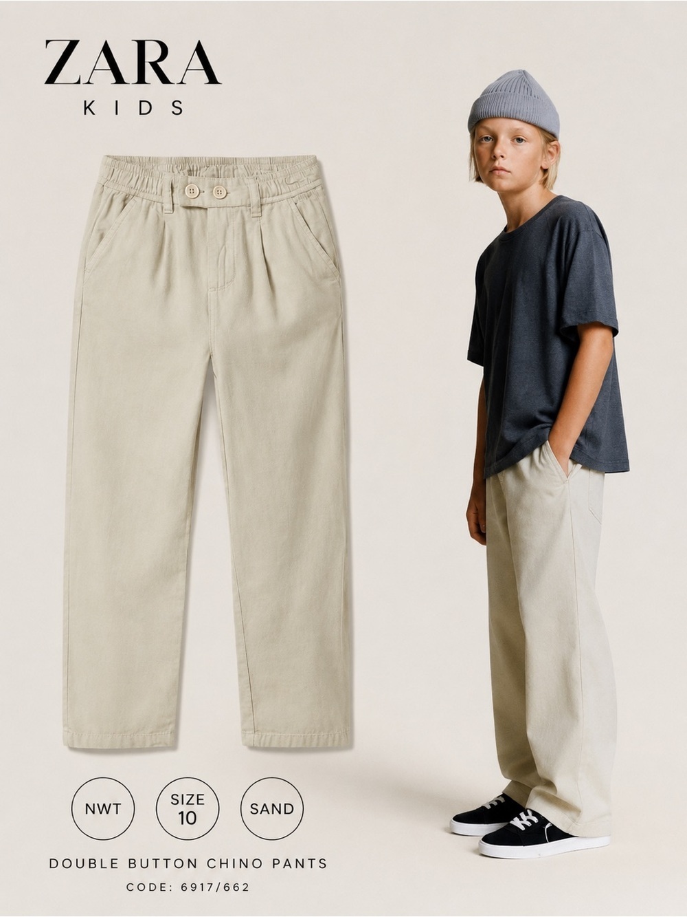Zara Kids Sand Double Button Chino Pants Size 10 NWT Cotton Linen Blend